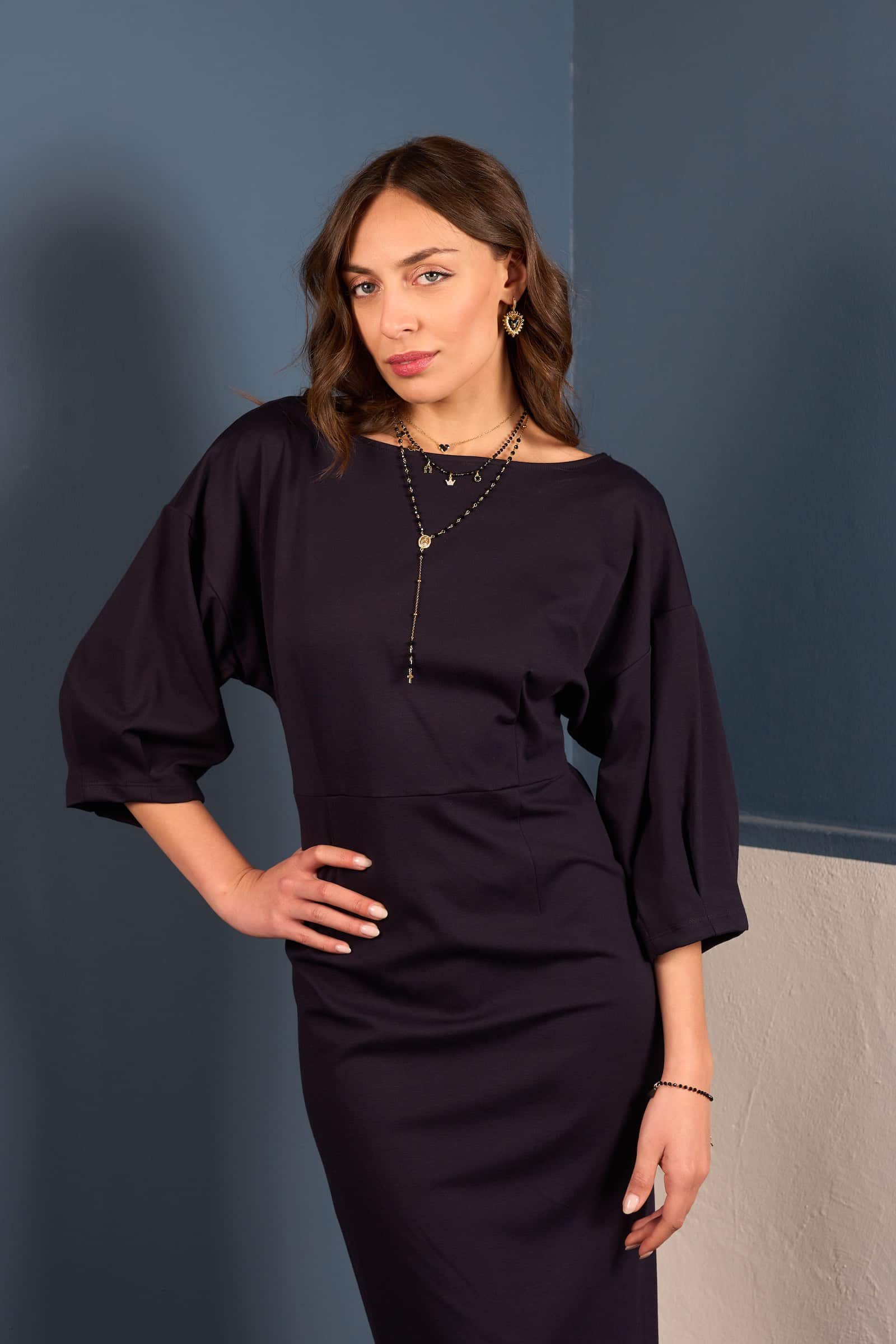 Abito blu navy midi con fiocco posteriore schiena scoperta