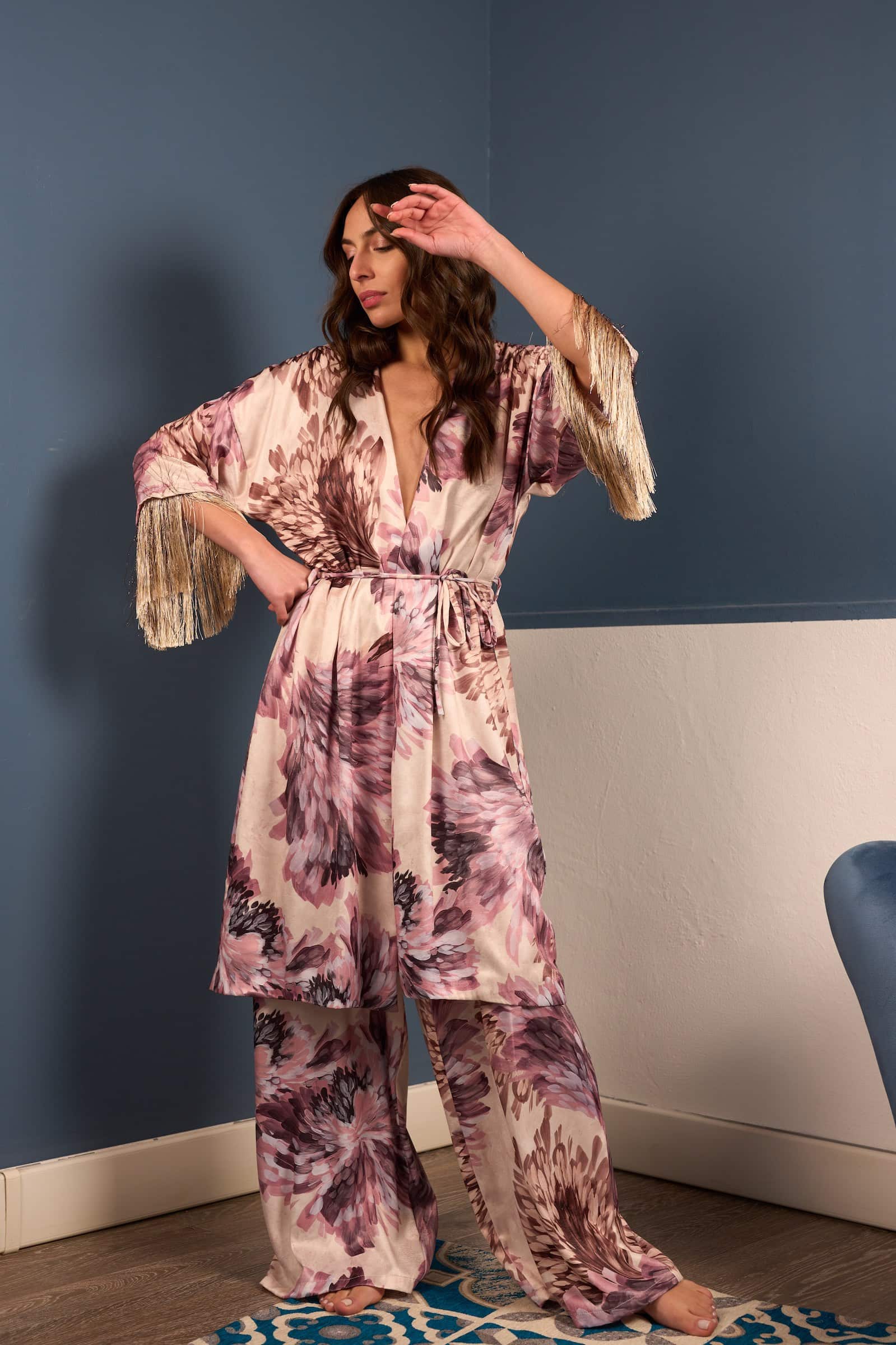 Kimono lungo con frange fantasia